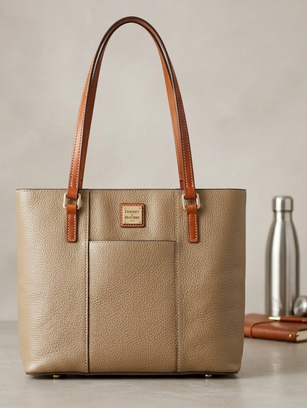 Dooney & Bourke Taupe Pebbled Leather Shoulder Tote with Brown Straps